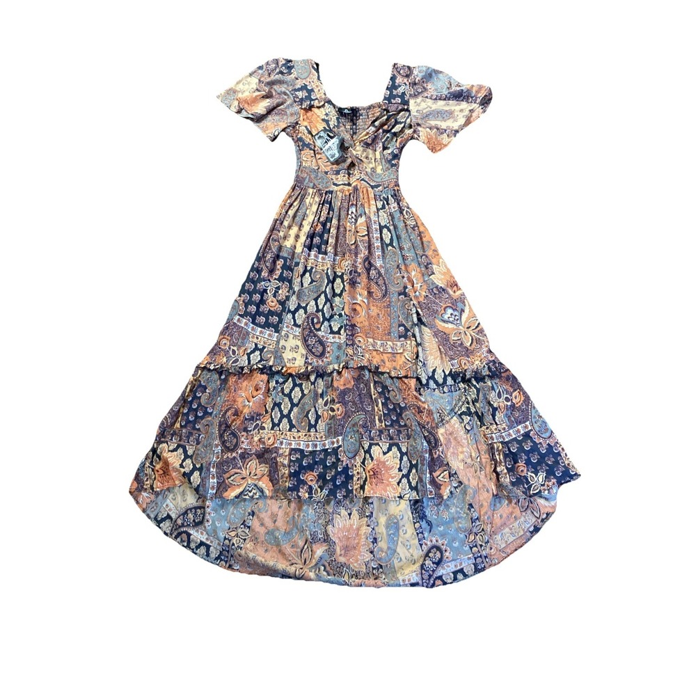 Angie Floral Paisley Midi Dress Ruffle High Low Twist V Neck Boho Festival NEW
